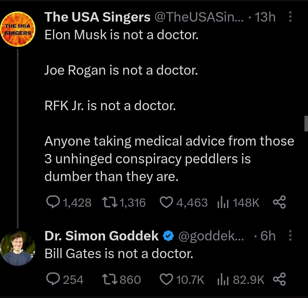 The USA Singers TheUSASIn 13h Elon Musk is not a doctor Joe Rogan is not a doctor RFK Jr is not a doctor Anyone taking medical advice from those 3 unhinged conspiracy peddlers is dumber than they are O1428 M1316 4463 hi148K Dr Simon Goddek goddek 6h Bill Gates is not a doctor Q254 11860 Q107K l1829K