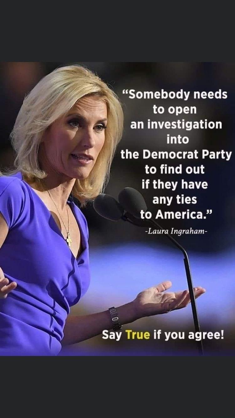 L Somebody needs to open an investigation 131 o the Democrat Party to find out __ if they have ETVA to America Laura Ingraham p say True if you agree