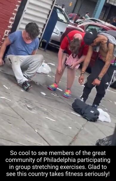 So cool to see members of the great community of Philadelphia participating in group stretching exercises Glad to see this country takes fitness seriously
