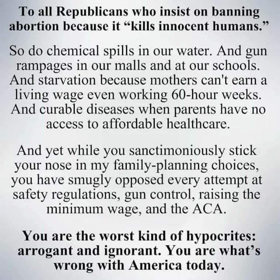 To all Republicans who insist on banning abortion because it kills innocent humans So do chemical spills in our water And gun rampages in our malls and at our schools And starvation because mothers cant earn a living wage even working 60 hour weeks And curable diseases when parents have no access to affordable healthcare And yet while you sanctimoniously stick your nose in my family planning choic