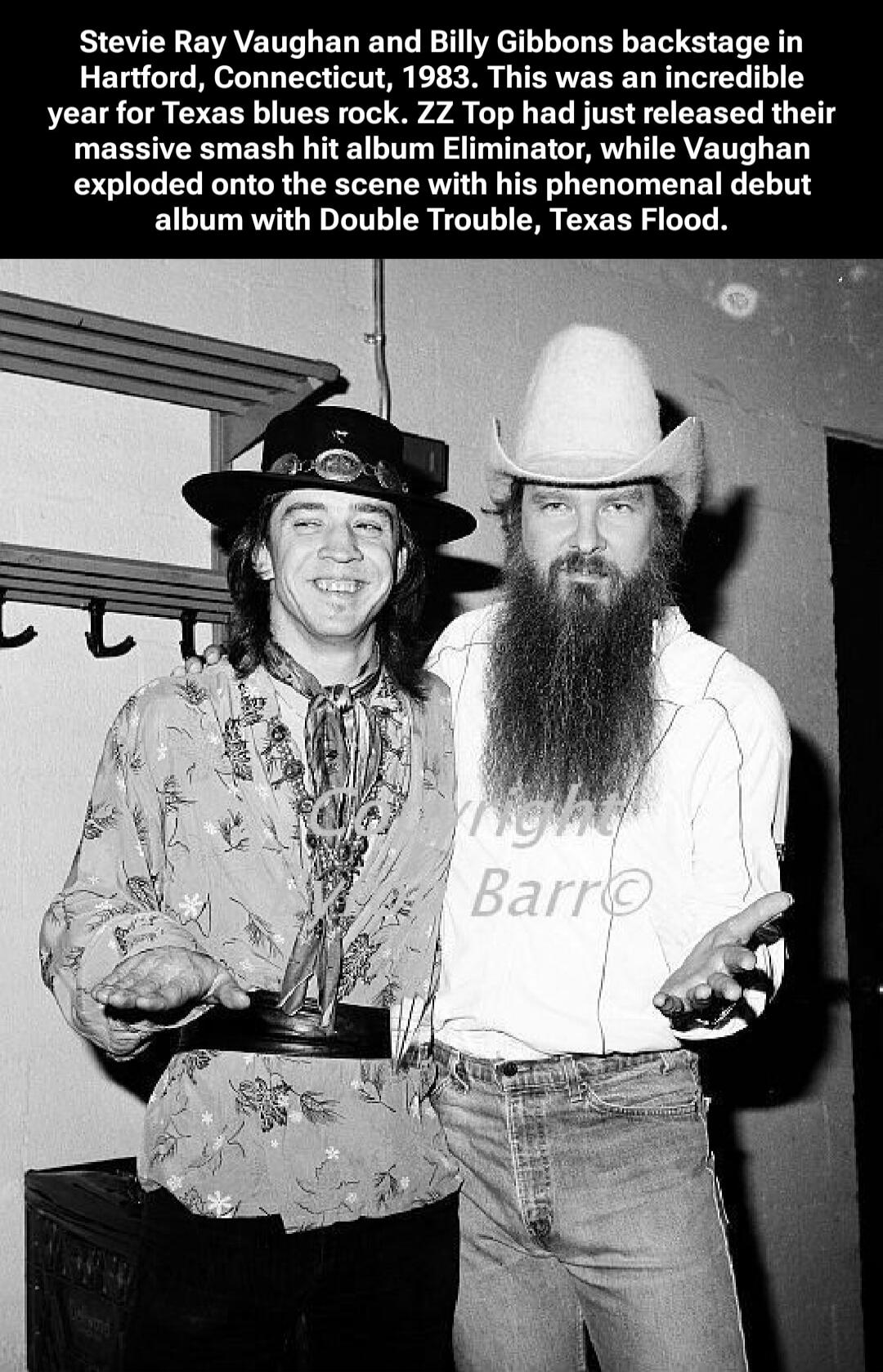 Stevie Ray Vaughan and Billy Gibbons backstage in Hartford, Connecticut, 1983. This was an incredible year for Texas blues rock. ZZ Top had just released their massive smash hit album Eliminator, while Vaughan exploded onto the scene with his phenomenal debut album with Double Trouble, Texas Flood.