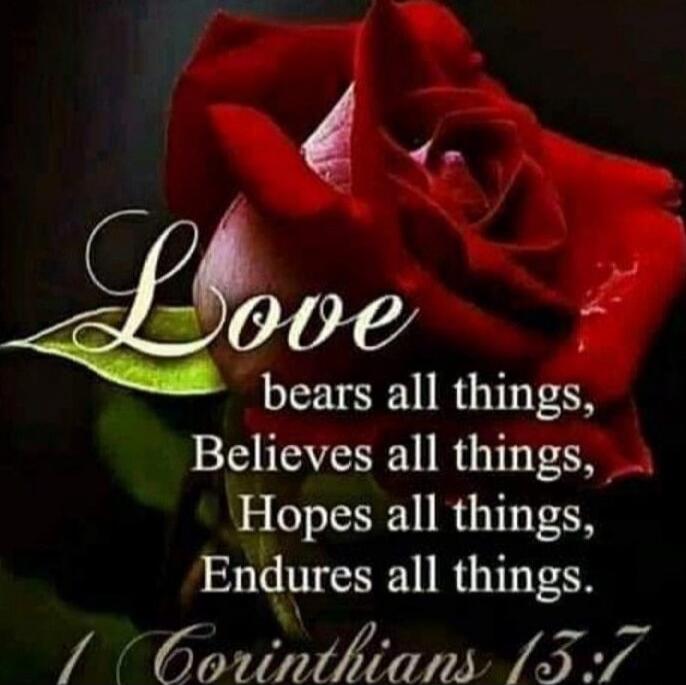 Love bears all things, Believes all things, Hopes all things, Endures all things. 1 Corinthians 13:7