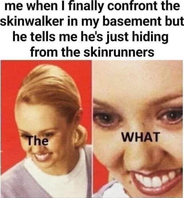 me when finally confront the skinwalker in my basement but he tells me hes just hiding from the skinrunners Sm