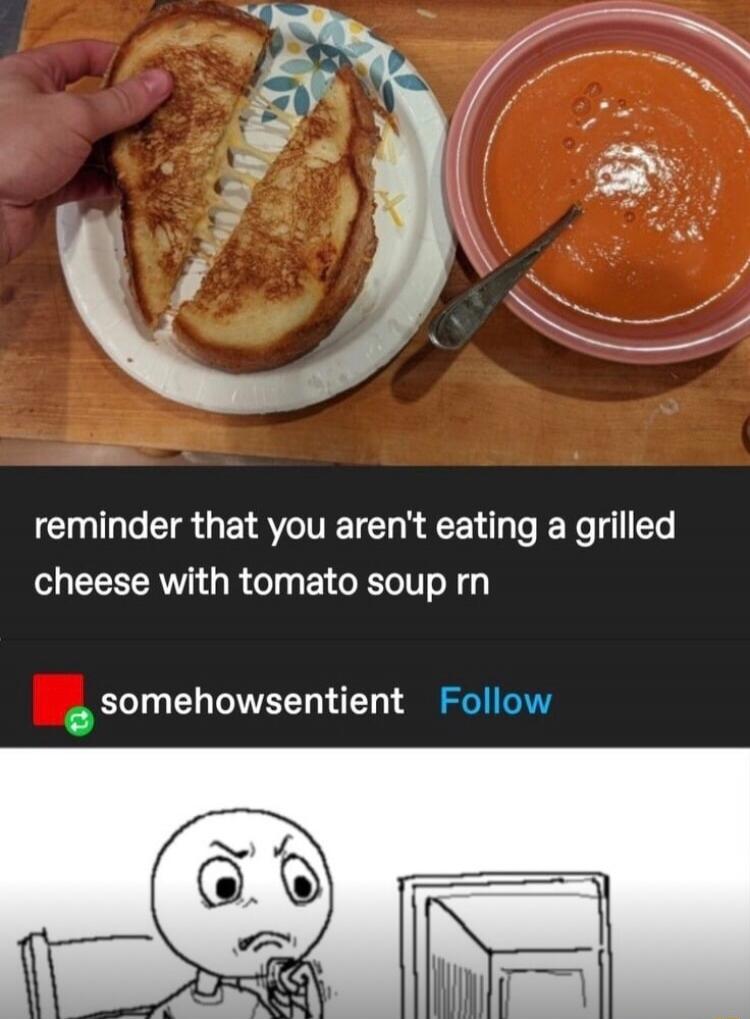 reminder that you aren't eating a grilled cheese with tomato soup rn
somehowsentient Follow