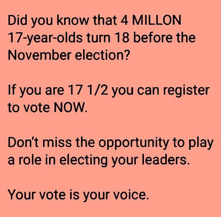 Did you know that 4 MILLON 17 year olds turn 18 before the November election If you are 17 12 you can register to vote NOW Dont miss the opportunity to play arole in electing your leaders Your vote is your voice