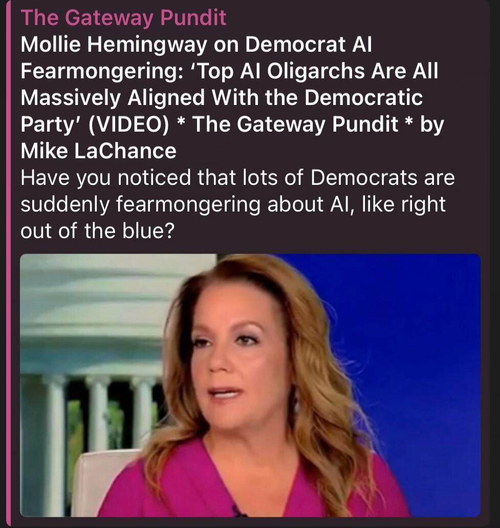 The Gateway Pundit Mollie Hemingway on Democrat AI Fearmongering: 'Top AI Oligarchs Are All Massively Aligned With the Democratic Party' (VIDEO) * The Gateway Pundit * by Mike LaChance Have you noticed that lots of Democrats are suddenly fearmongering about AI, like right out of the blue?