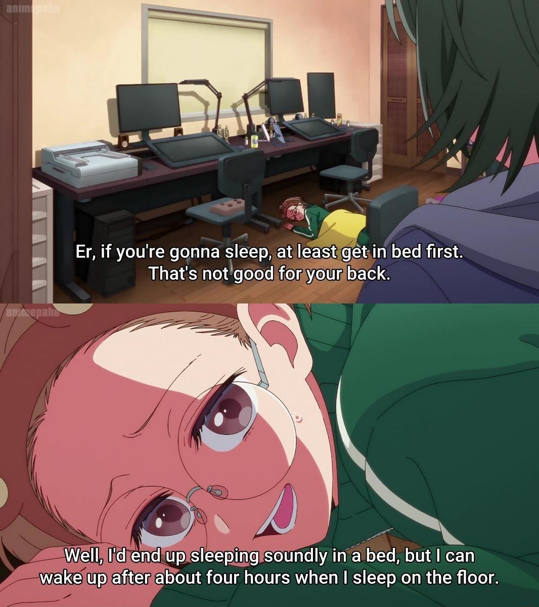 Er if youre gonna sleep at eastigetin bed first Thats notgoodiforyourback e Welljlidiendupisleepingsoundly ina bed but Ican Wakellpiafteriaout four hours when sleep on the floor