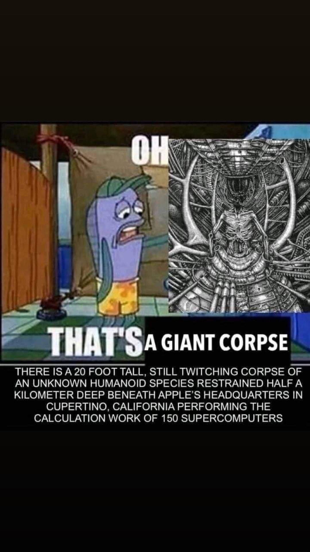 THERE IS A 20 FOOT TALL STILL TWITCHING CORPSE OF AN UNKNOWN HUMANOID SPECIES RESTRAINED HALF A KILOMETER DEEP BENEATH APPLES HEADQUARTERS IN CUPERTINO CALIFORNIA PERFORMING THE CALCULATION WORK OF 150 SUPERCOMPUTERS