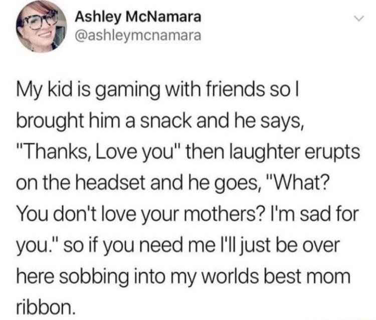 Ashley McNamara ashleymcnamara My kid is gaming with friends so brought him a snack and he says Thanks Love you then laughter erupts on the headset and he goes What You dont love your mothers Im sad for you so if you need me ll just be over here sobbing into my worlds best mom ribbon