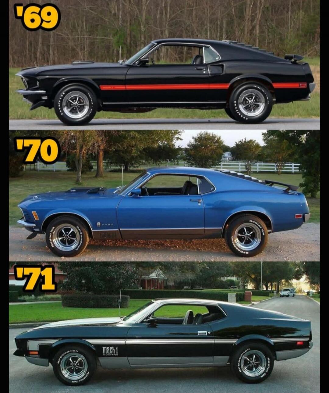 Three Ford Mustang cars from 1969, 1970, and 1971, showcasing their design evolution. The 1971 model is a Mach 1.