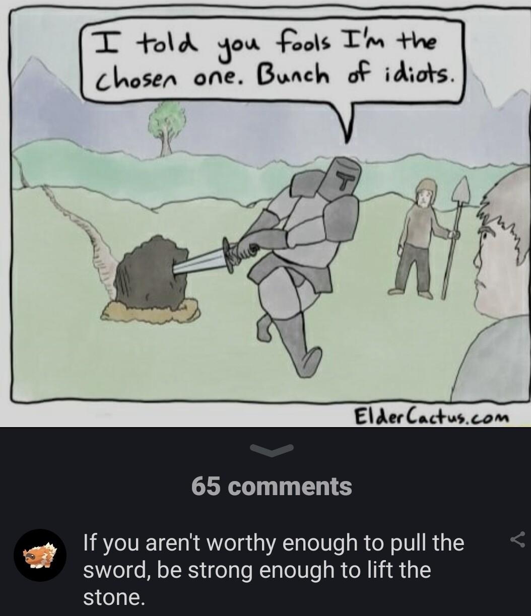 T old Jou Fools Tl he chosen one Bunch of idiots f A 1 g ElderCactuscom 65 comments If you arent worthy enough to pull the sword be strong enough to lift the stone