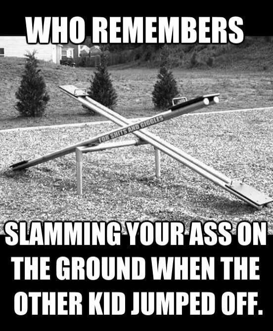 WHO REMEMBERS SLAMMING YOUR ASS ON THE GROUND WHEN THE OTHER KID JUMPED OFF. FOR SHITS AND GIGGLES
