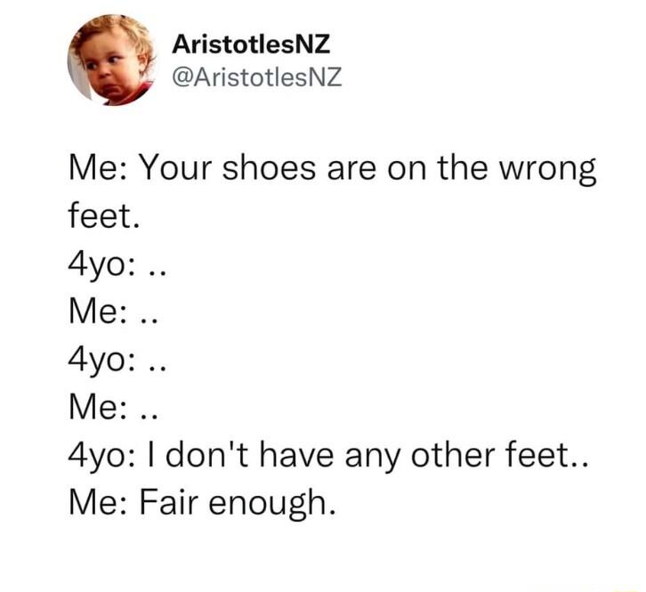 AristotlesNZ AristotlesNZ Me Your shoes are on the wrong feet 4yo Me 4yo Me 4yo dont have any other feet Me Fair enough