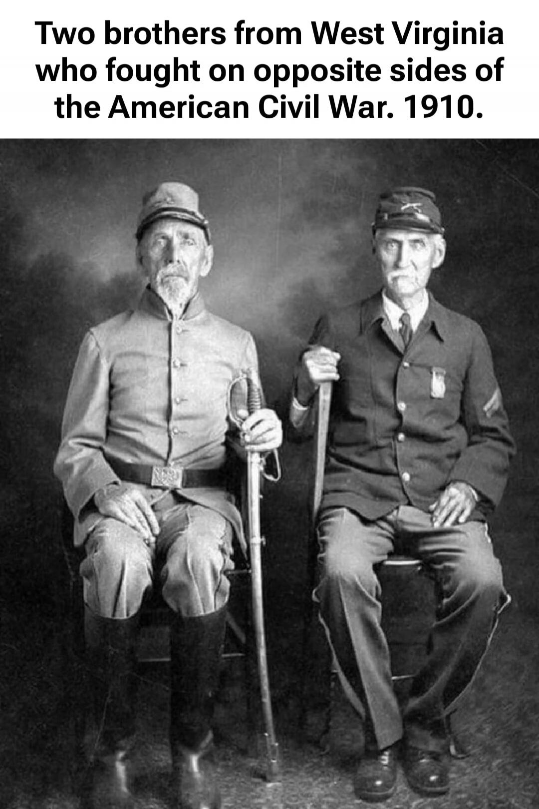 Two brothers from West Virginia who fought on opposite sides of the American Civil War. 1910.
