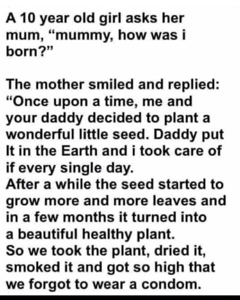 A 10 year old girl asks her mum mummy how was i born The mother smiled and replied Once upon a time me and your daddy decided to plant a wonderful little seed Daddy put It in the Earth and i took care of if every single day After a while the seed started to grow more and more leaves and in a few months it turned into a beautiful healthy plant So we took the plant dried it smoked it and got so high