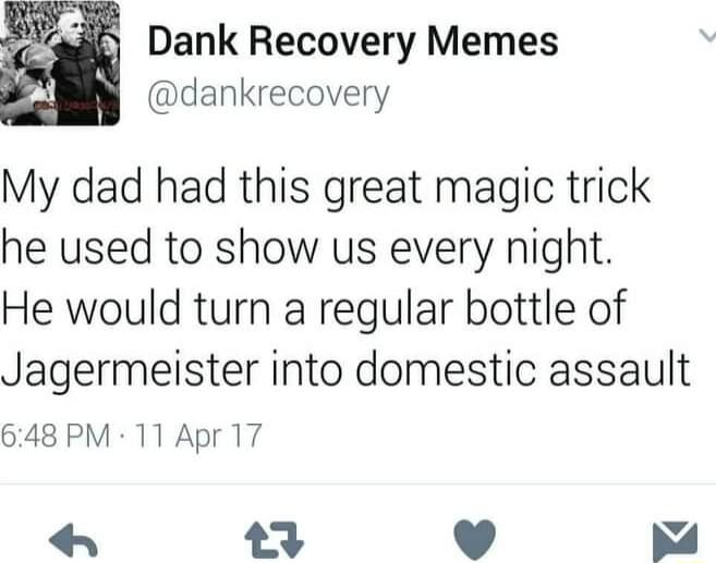 Dank Recovery Memes N dankrecovery My dad had this great magic trick he used to show us every night He would turn a regular bottle of Jagermeister into domestic assault 648 PM 11 Apr 17 EN L x v V