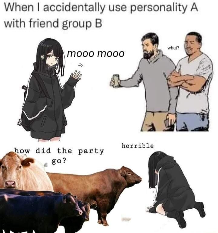 When accidentally use personality A with friend group B mooo mooo P 0 how did the party orrible e