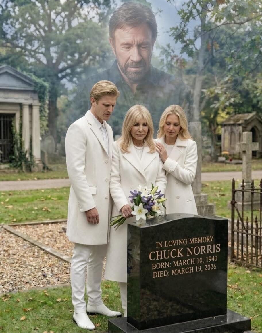 In loving memory Chuck Norris. Born: March 10, 1940. Died: March 19, 2026. A group of people dressed in white are standing in a cemetery in front of a tombstone. A ghostly image of Chuck Norris is superimposed above them.