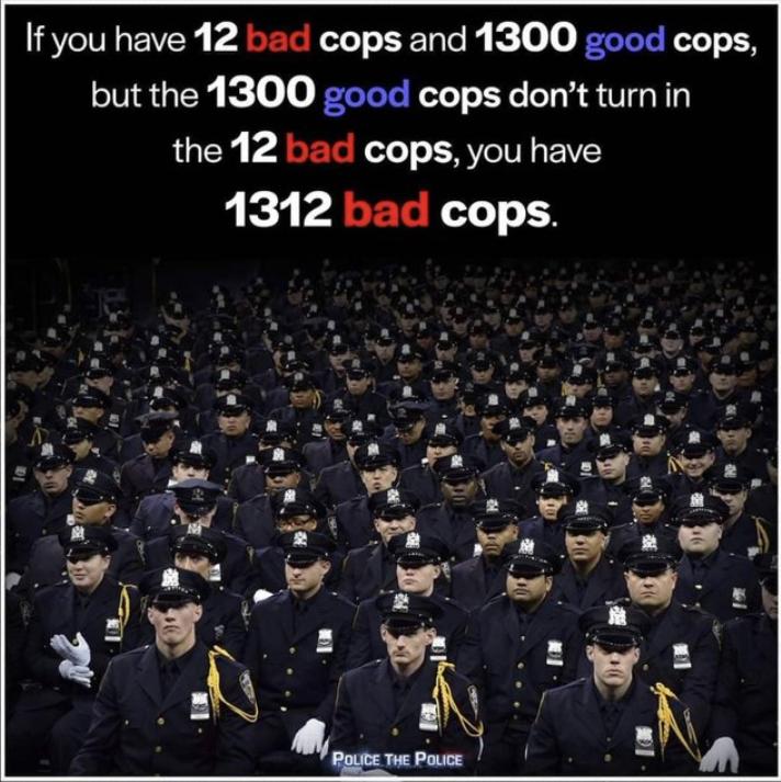 If you have 12 bad cops and 1300 good cops but the 1300 good cops dont turn in the 12 bad cops you have 1312 bhad cops