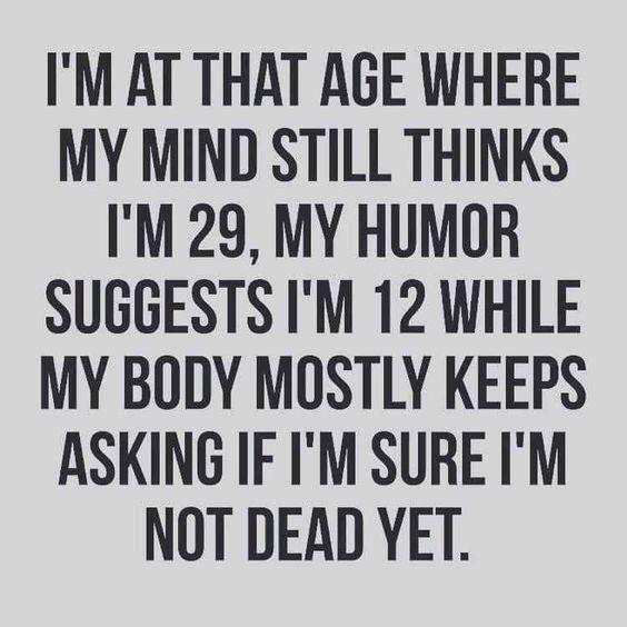 IM AT THAT AGE WHERE MY MIND STILL THINKS IM 29 MY HUMOR SUGGESTS IM 12 WHILE MY BODY MOSTLY KEEPS ASKING IF IM SURE IM NOT DEAD YET