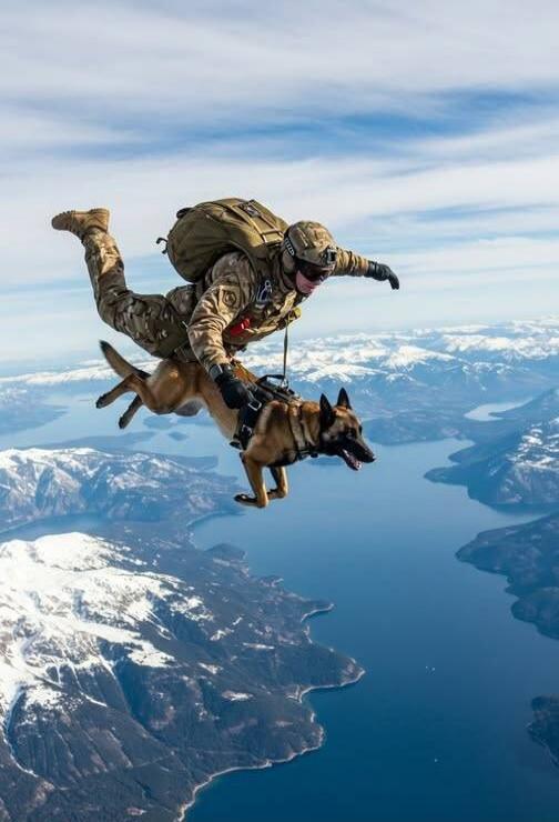 A military paratrooper jumps with a trained dog on a leash over a snowy mountainous landscape.