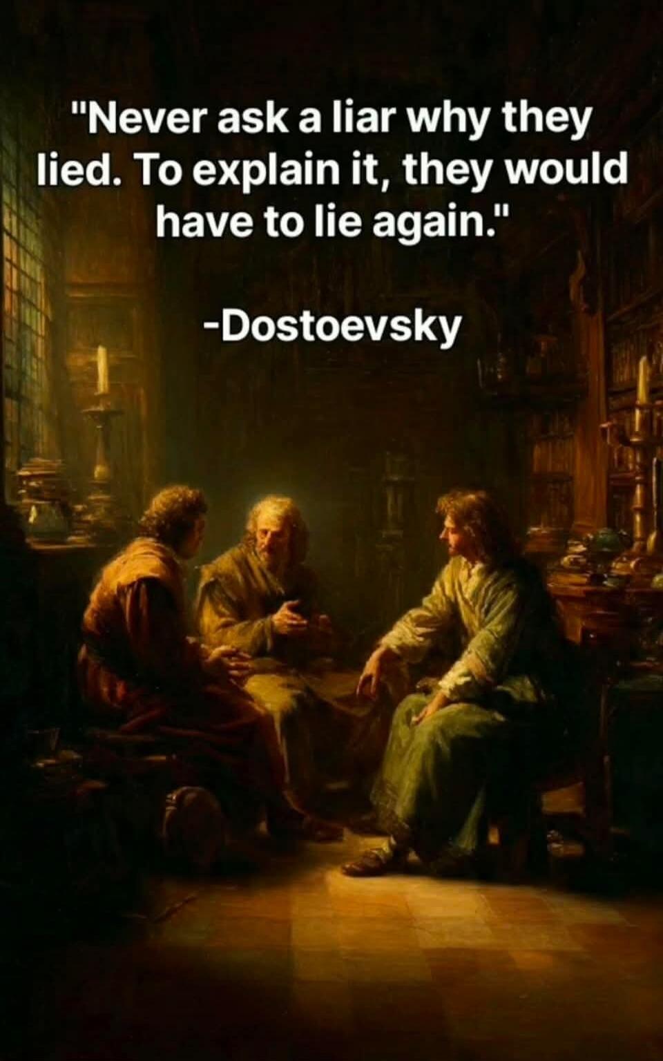 Never ask a liar why they lied. To explain it, they would have to lie again. -Dostoevsky