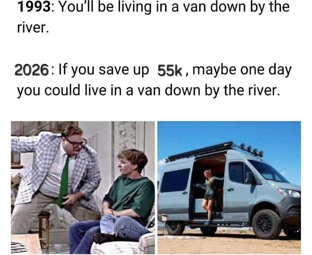 1993: You'll be living in a van down by the river. 2026: If you save up 55k, maybe one day you could live in a van down by the river.