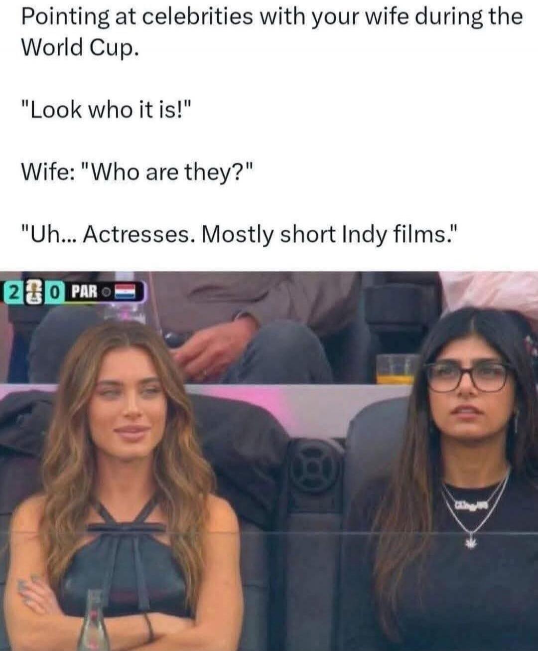 Pointing at celebrities with your wife during the World Cup. 