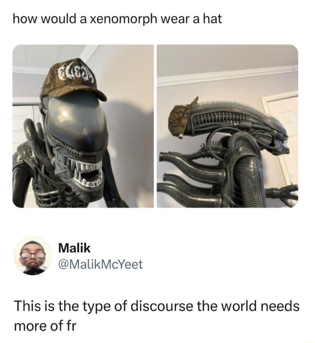 how would a xenomorph wear a hat Malik @MalikMcYeet This is the type of discourse the world needs more of fr