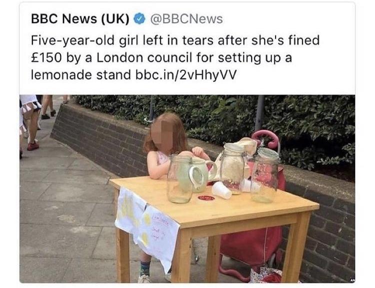 BBC News UK BBCNews Five year old girl left in tears after shes fined 150 by a London council for setting up a lemonade stand bbcin2vHhyVV