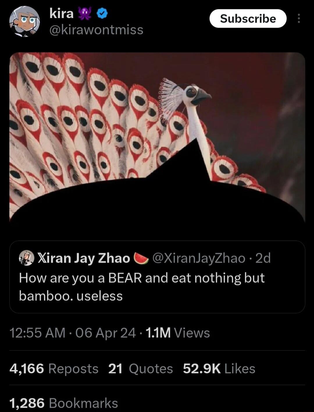 i CINENTLIIES Xiran Jay Zhao XiranJayZhao 2d How are you a BEAR and eat nothing but bamboo useless A PESWNY eI NaTd 2 RV AVIES 4166 Reposts 21 Quotes 529K Likes 1286 Bookmarks