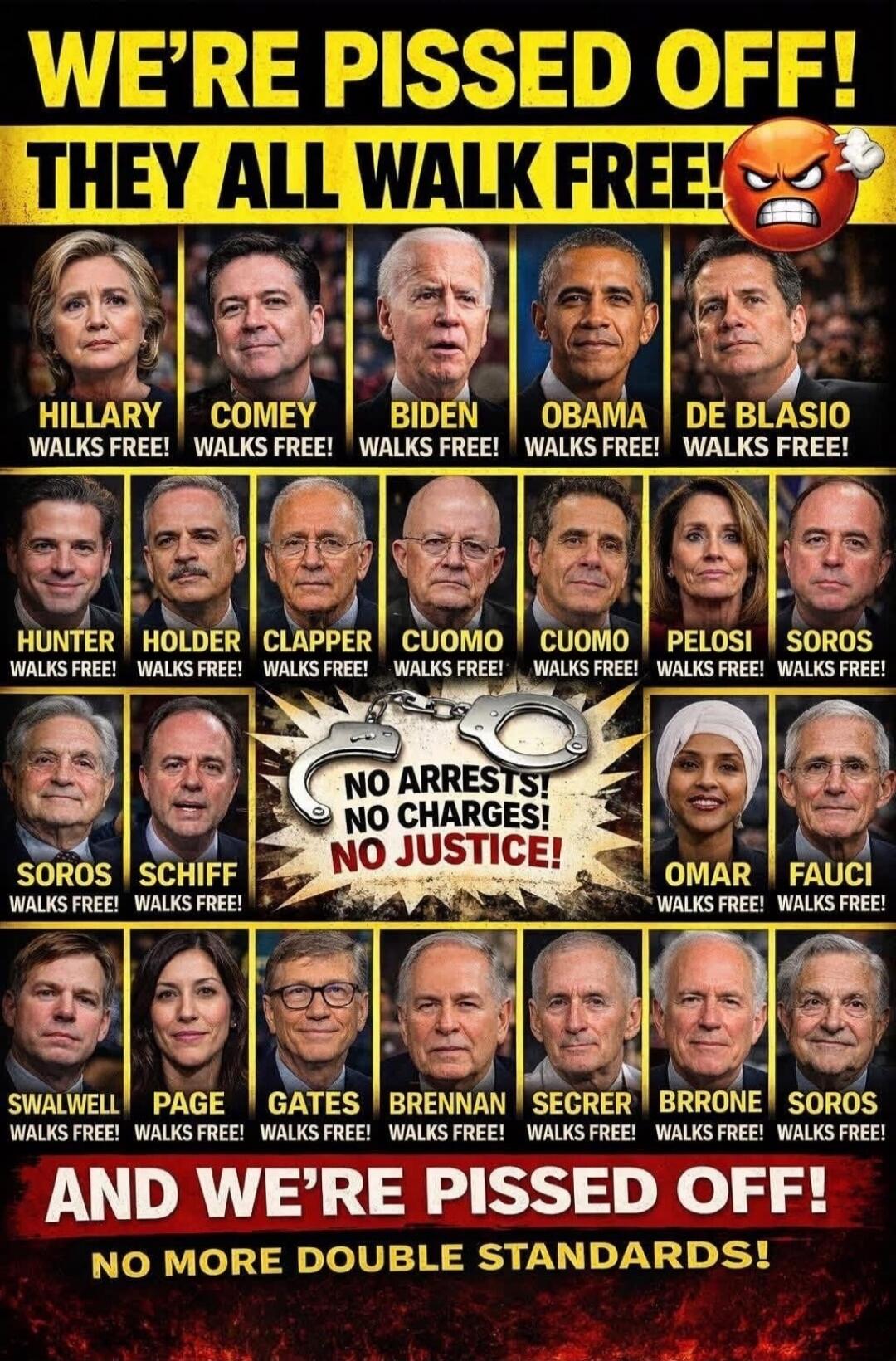 WE'RE PISSED OFF! THEY ALL WALK FREE! HILLARY WALKS FREE! COMEY WALKS FREE! BIDEN WALKS FREE! OBAMA WALKS FREE! DE BLASIO WALKS FREE! HUNTER WALKS FREE! HOLDER WALKS FREE! CLAPPER WALKS FREE! CUOMO WALKS FREE! PELOSI WALKS FREE! SOROS WALKS FREE! SCHIFF WALKS FREE! NO ARRESTS! NO CHARGES! NO JUSTICE! OMAR WALKS FREE! FAUCI WALKS FREE! SWALWELL WALK