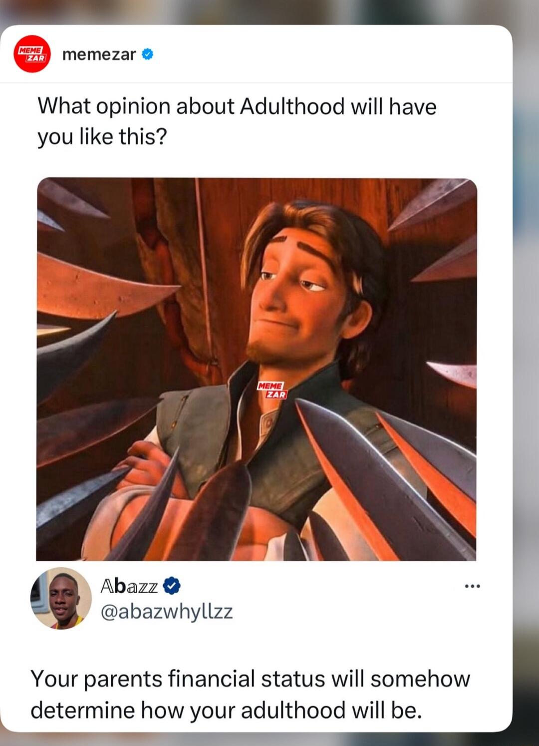 Z memezar o What opinion about Adulthood will have you like this Abazz 3 abazwhyllzz Your parents financial status will somehow determine how your adulthood will be