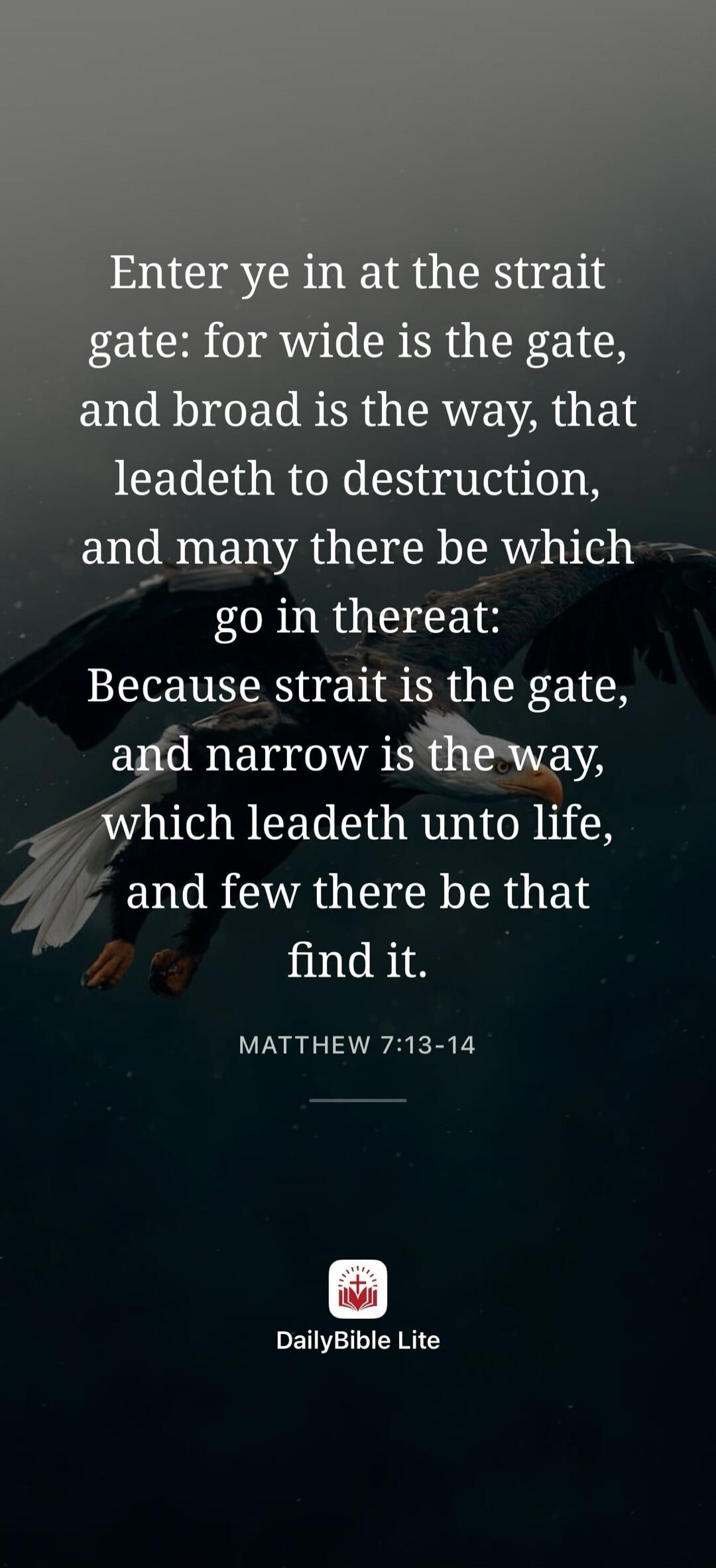 Enter ye in at the strait gate: for wide is the gate, and broad is the way, that leadeth to destruction, and many there be which go in thereat: Because strait is the gate, and narrow is the way, which leadeth unto life, and few there be that find it. MATTHEW 7:13-14 DailyBible Lite