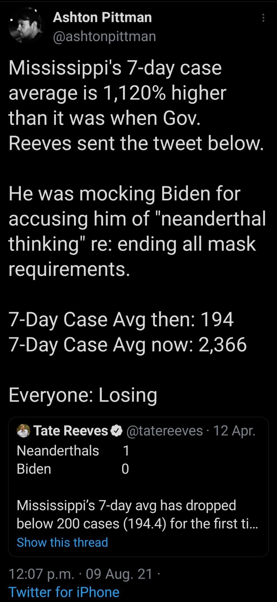 Ashton Pittman ES g GlgleliinEl 3 TSI RIS o o IR AT E VAo 1 average is 1120 higher IQELRAVEERATI N ETeY2 Reeves sent the tweet below He was mocking Biden for accusing him of neanderthal thinking re ending all mask requirements 7 Day Case Avg then 194 Day Case Avg now 2366 Everyone Losing Tate Reeves tatereeves 12 Apr Neanderthals 1 Biden VISR o o Ae VA Yo g Yo o o o1Tel below 200 cases 1944 for th