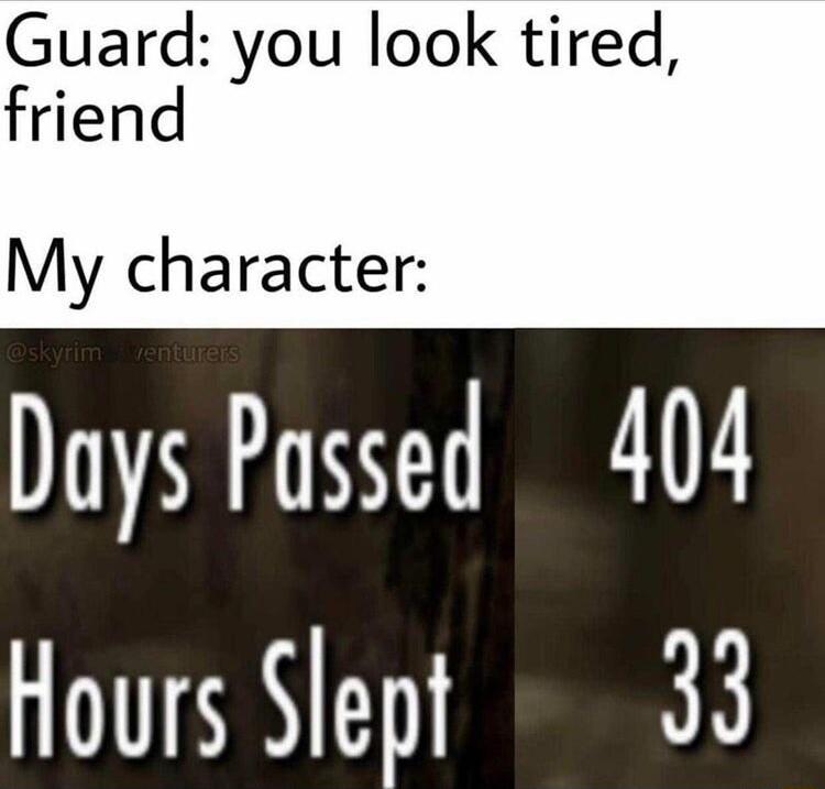 Guard you look tired friend My character Days Passed 404 Hours Slept 33