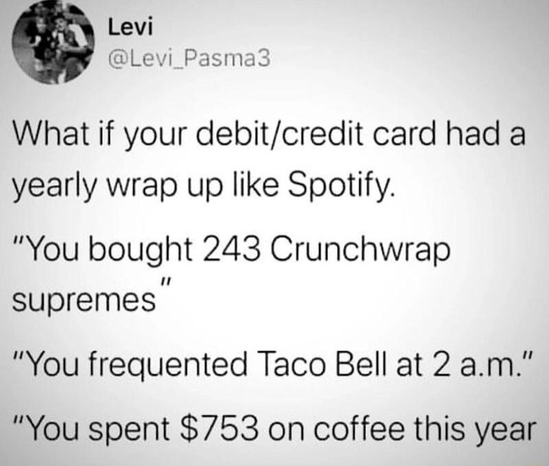 Levi lLevi_Pasma3 What if your debitcredit card had a yearly wrap up like Spotify You bought 243 Crunchwrap supremes You frequented Taco Bell at 2 am You spent 753 on coffee this year