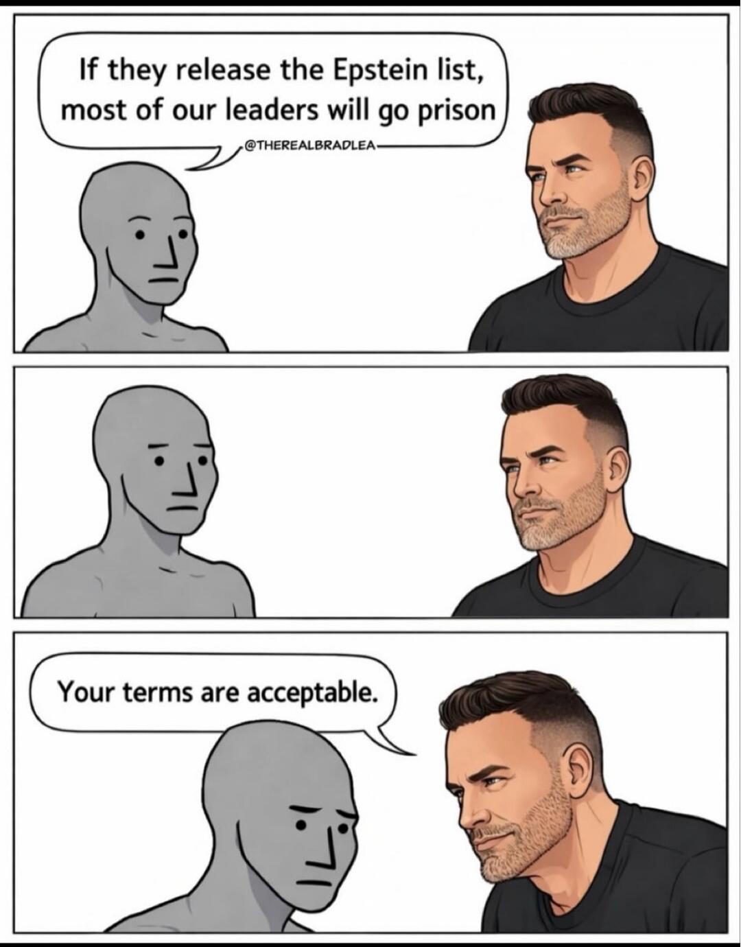 If they release the Epstein list, most of our leaders will go prison
Your terms are acceptable.