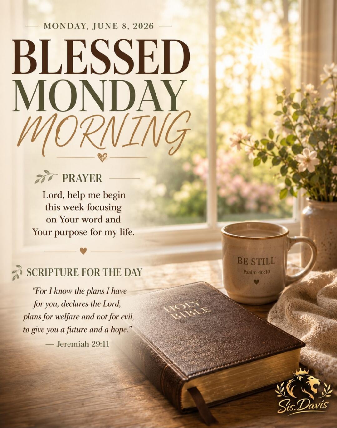 MONDAY, JUNE 8, 2026. BLESSED MONDAY MORNING. PRAYER: Lord, help me begin this week focusing on Your word and Your purpose for my life. SCRIPTURE FOR THE DAY: “For I know the plans I have for you, declares the Lord, plans for welfare and not for evil, to give you a future and a hope.” — Jeremiah 29:11. HOLY BIBLE. BE STILL. Psalm 46:10. Sis. Davis.