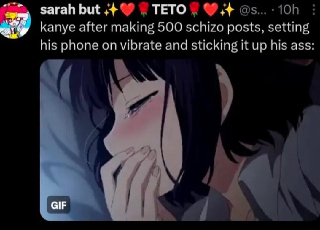 Slllh but 49 TETOY 4 s 10h kanye after making 500 schizo posts setting his phone on vibrate and sticking it up his ass wi