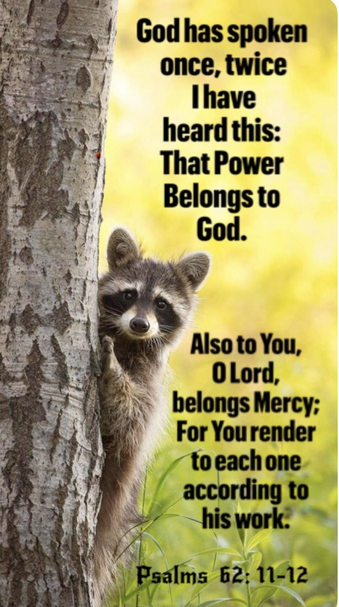 God has spoken once, twice I have heard this: That Power Belongs to God. Also to You, O Lord, belongs Mercy; For You render to each one according to his work. Psalms 62:11-12