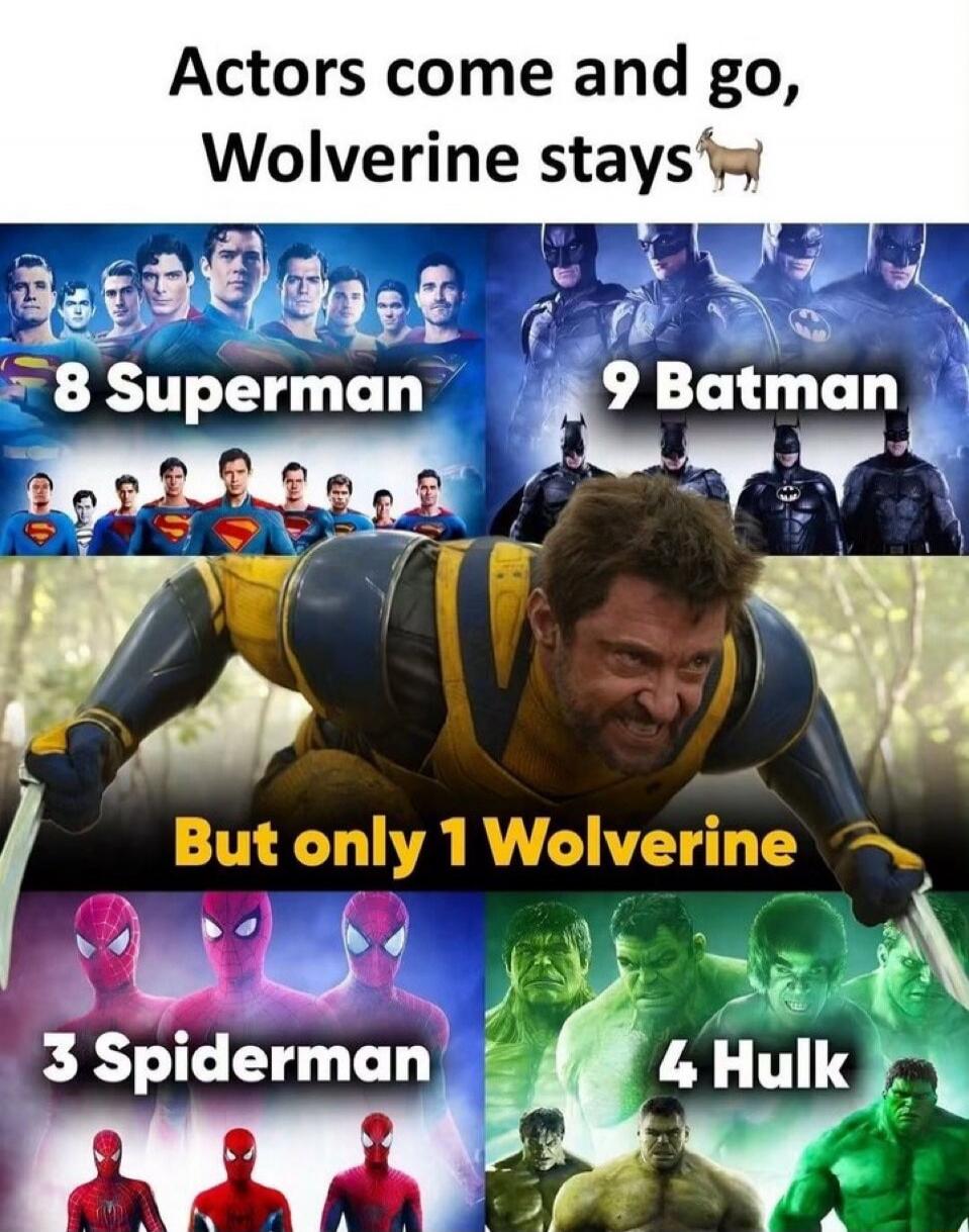 Actors come and go, Wolverine stays 🐐 8 Superman 9 Batman But only 1 Wolverine 3 Spiderman 4 Hulk