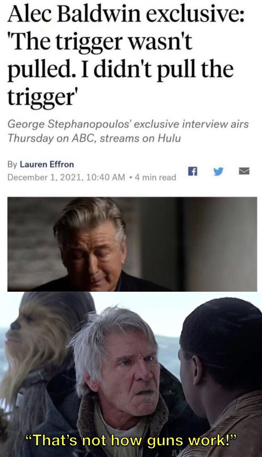 Alec Baldwin exclusive The trigger wasnt pulled I didnt pull the trigger George Stephanopoulos exclusive interview airs Thursday on ABC streams on Hulu By Lauren Effron