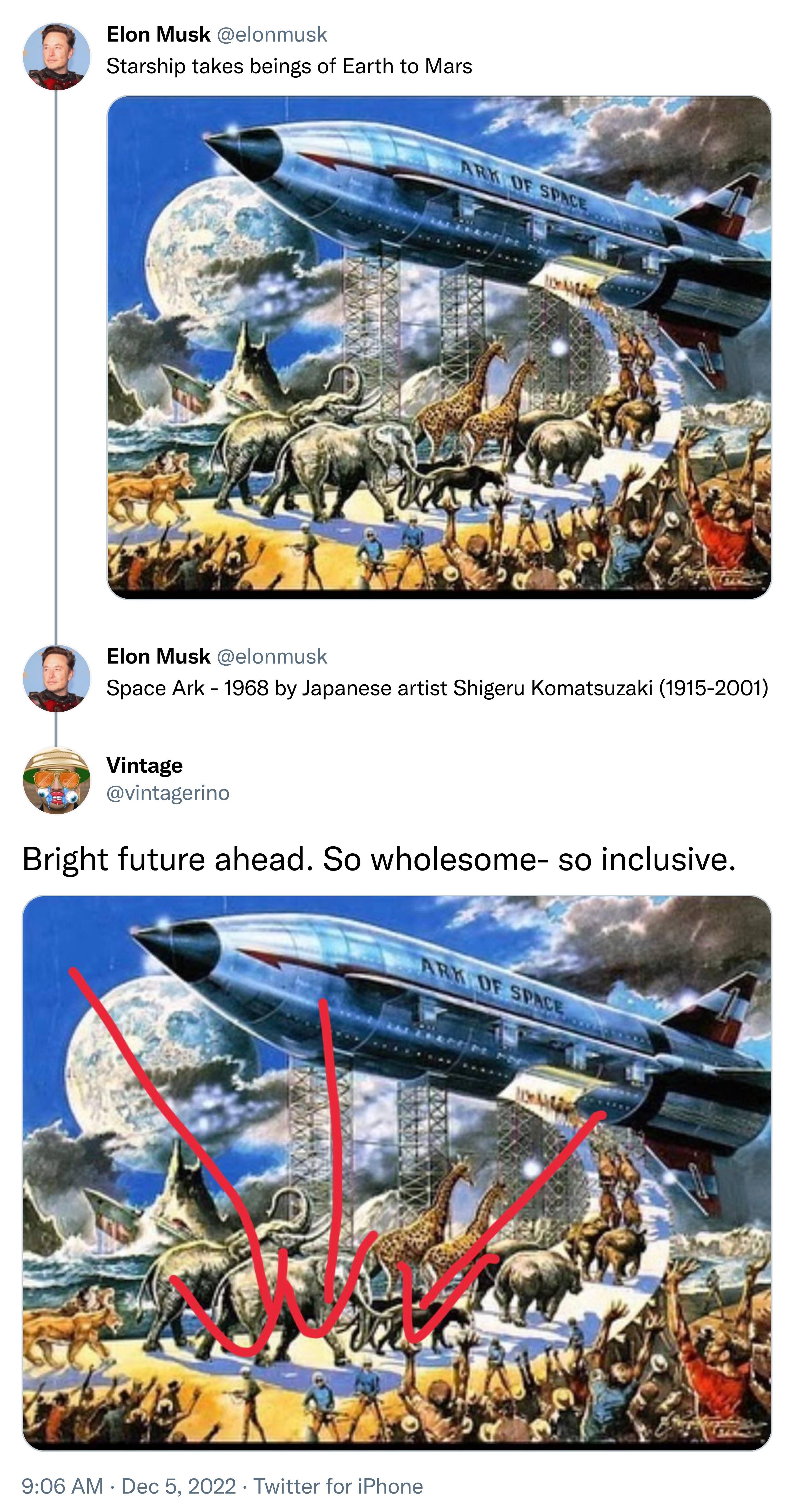 Elon Musk clonmusk Starship takes beings of Earth to Mars Elon Musk elonmusk Space Ark 1968 by Japanese artist Shigeru Komatsuzaki 1915 2001 Vintage Bright future ahead So wholesome so inclusive