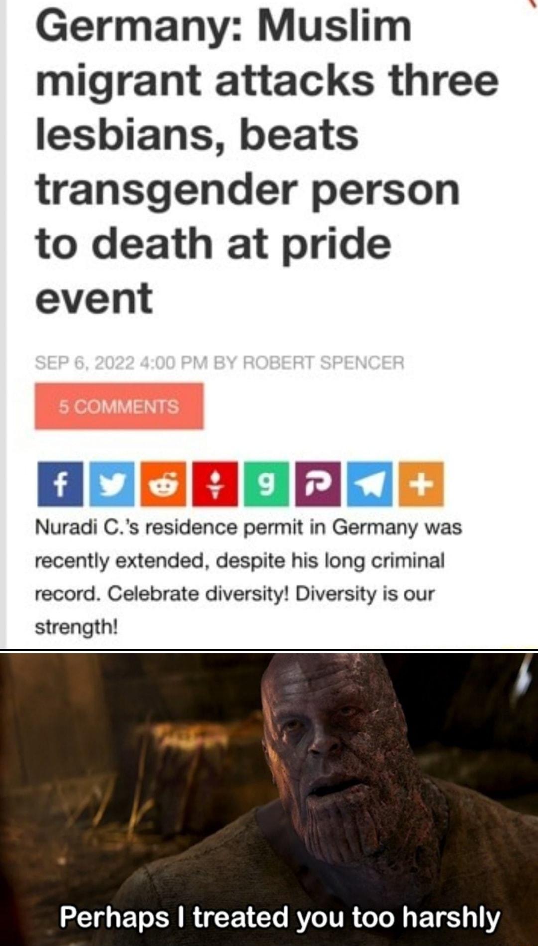 Germany Muslim migrant attacks three lesbians beats transgender person to death at pride event Fols9n Nuradi Cs residence permit in Germany was recently extended despite his long criminal record Celebrate diversity Diversity is our strength TG ET SRR CORTR I E T 1Y
