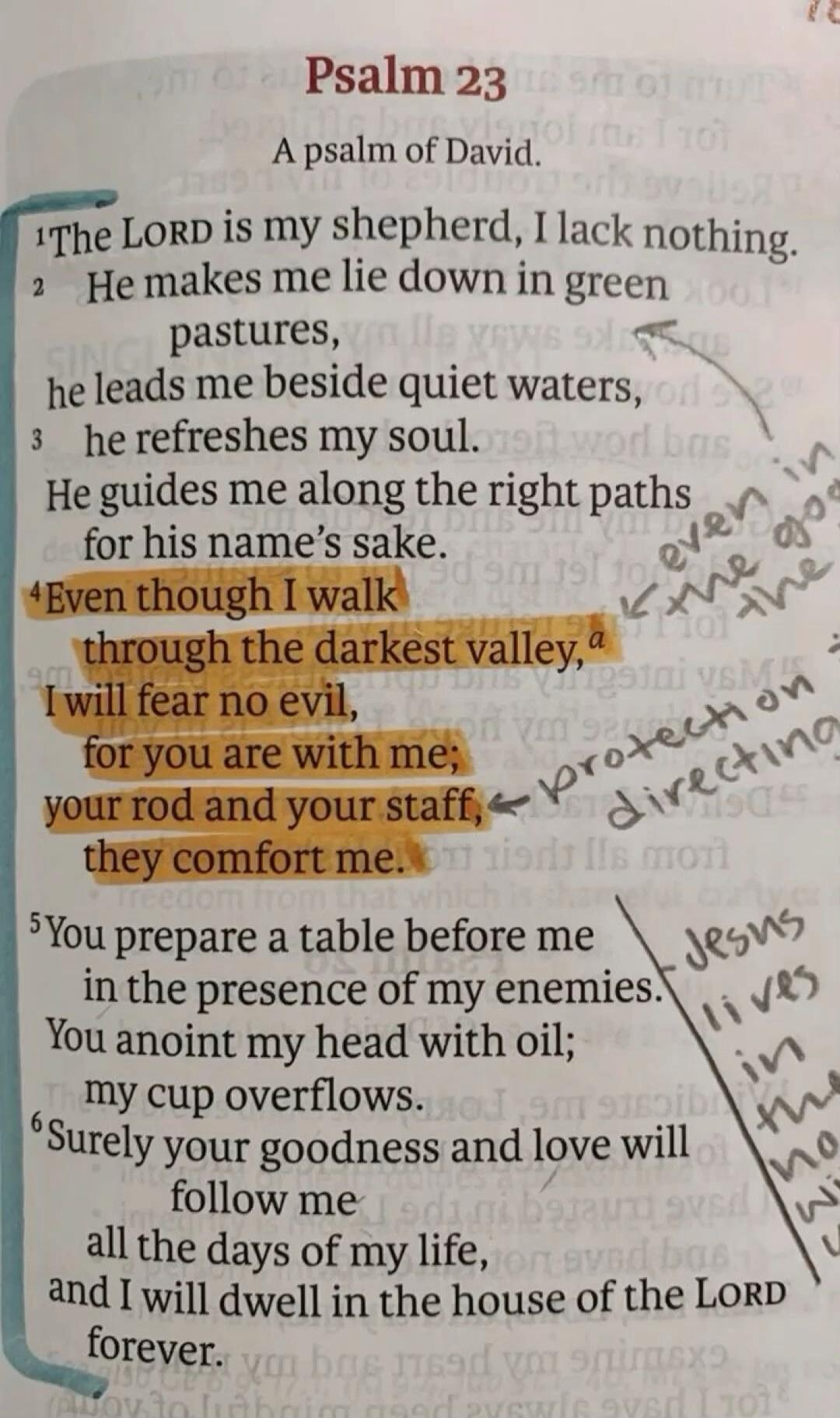 Psalm 23. A psalm of David.
1 The LORD is my shepherd, I lack nothing.
2 He makes me lie down in green pastures, he leads me beside quiet waters,
3 he refreshes my soul. He guides me along the right paths for his name's sake.
4 Even though I walk through the darkest valley, I will fear no evil, for you are with me; your rod and your staff, they com