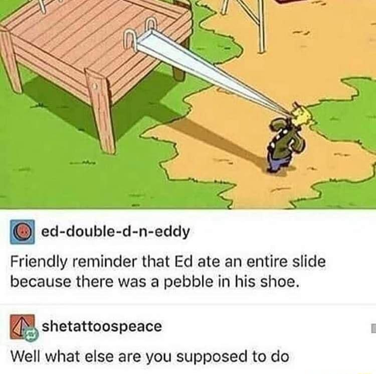 ed double d n eddy Friendly reminder that Ed ate an entire slide because there was a pebble in his shoe m shetattoospeace Well what else are you supposed to do