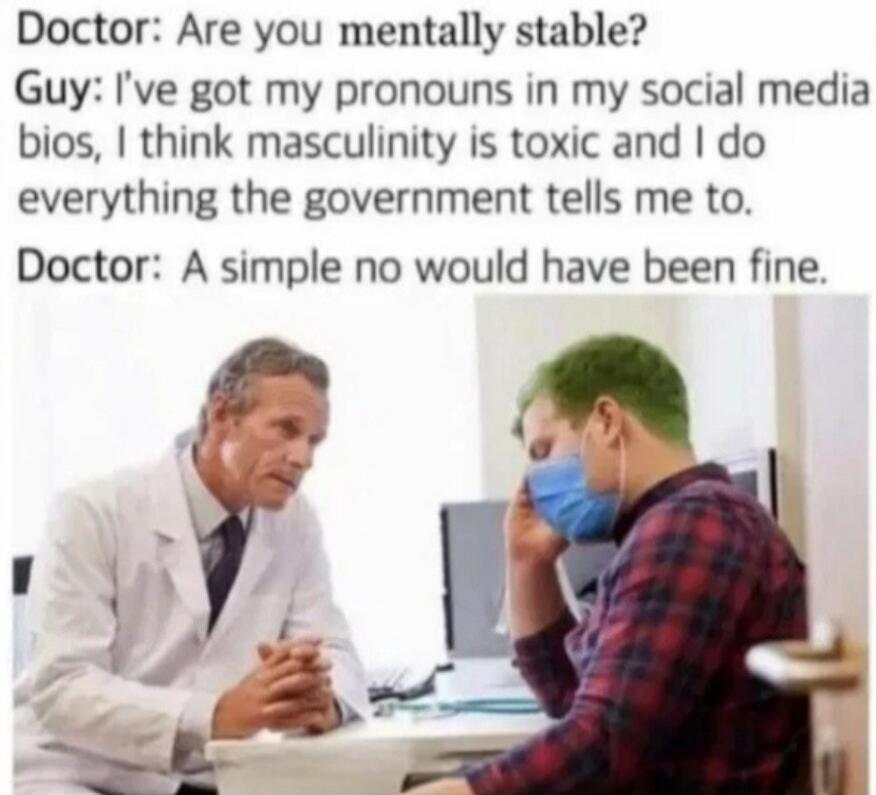 Doctor: Are you mentally stable?
Guy: I've got my pronouns in my social media bios, I think masculinity is toxic and I do everything the government tells me to.
Doctor: A simple no would have been fine.