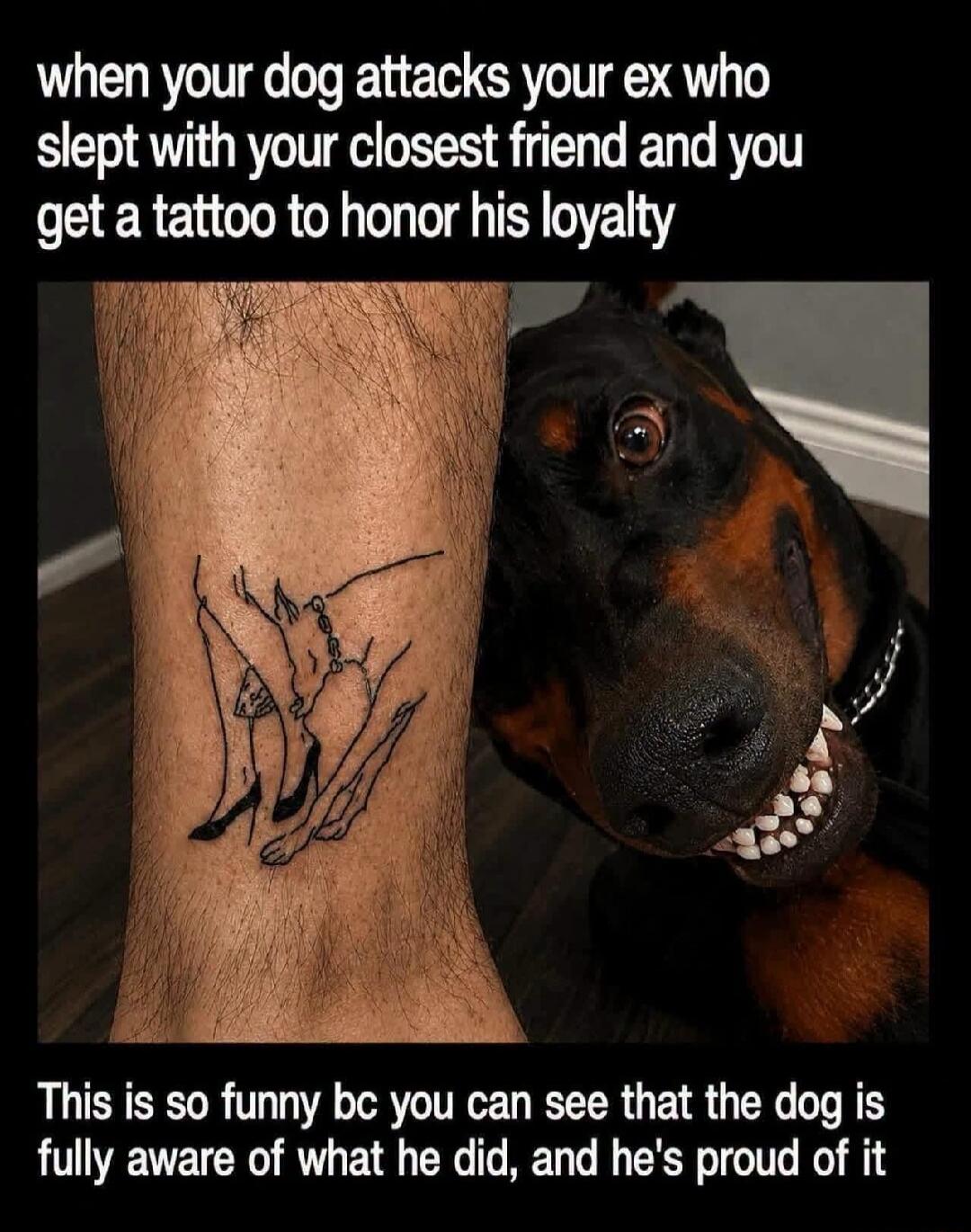 when your dog attacks your ex who slept with your closest friend and you get a tattoo to honor his loyalty. This is so funny bc you can see that the dog is fully aware of what he did, and he's proud of it