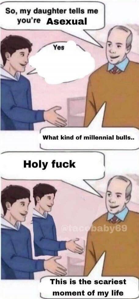 So, my daughter tells me you're Asexual
Yes
What kind of millennial bulls..
Holy fuck
This is the scariest moment of my life